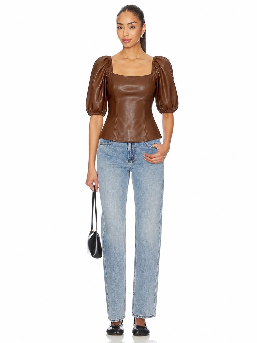 Marc New York Faux Leather Puff Sleeve Top Brown Chic Quiet Luxury 📐M